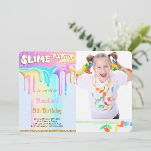 Rainbow Slime Birthday Party Foto Einladung (Stehend Vorderseite)