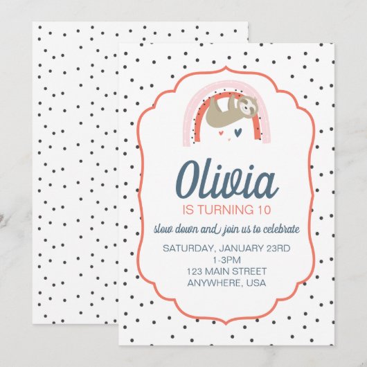 Rainbow Sloth Birthday Party Einladung (Vorne/Hinten)