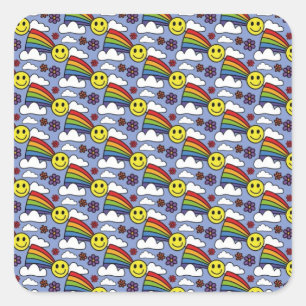 Rainbow-Smiley und Blume Hippie-Muster Quadratischer Aufkleber