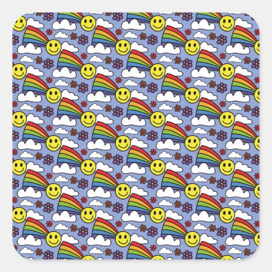 Rainbow-Smiley und Blume Hippie-Muster Quadratischer Aufkleber (Vorderseite)