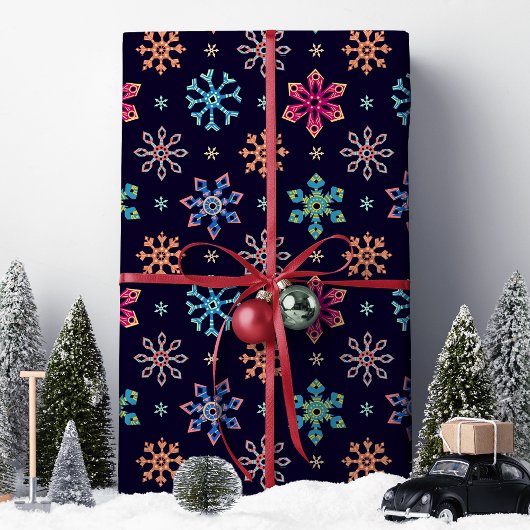 Rainbow Snowflakes Navy Blue Weihnachten Geschenkpapier