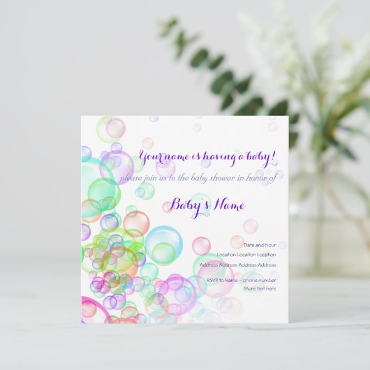 Rainbow Soap Bubbles Baby Dusche Einladung (Stehend Vorderseite)