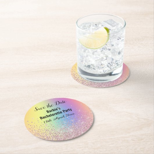 RAINBOW SPARKL ELEGANT SAVE THE DATE Bachelorette Runder Pappuntersetzer (Vor Ort)