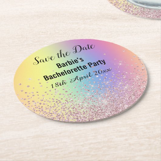 RAINBOW SPARKL ELEGANT SAVE THE DATE Bachelorette Runder Pappuntersetzer (Angewinkelt)