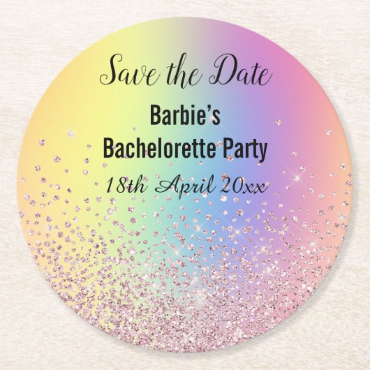 RAINBOW SPARKL ELEGANT SAVE THE DATE Bachelorette Runder Pappuntersetzer (Vorderseite)
