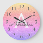 Rainbow Sparkle Glitter Monogram Name & Initial Große Wanduhr (Vorderseite)