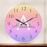 Rainbow Sparkle Glitter Monogram Name & Initial Große Wanduhr<br><div class="desc">Rainbow Pastel Gold,  Purple and Pink Ombre Sparkle Glitter Monogram Name and Initial Serving Wall Clock. The Wall Clock makes the perfect gift for someone who loves sparkle and glitter.</div>