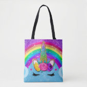 Rainbow Sparkle Glittery Unicorn Horn Face Girls Tasche (Vorderseite)