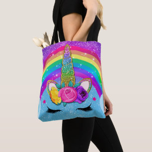 Rainbow Sparkle Glittery Unicorn Horn Face Girls Tasche