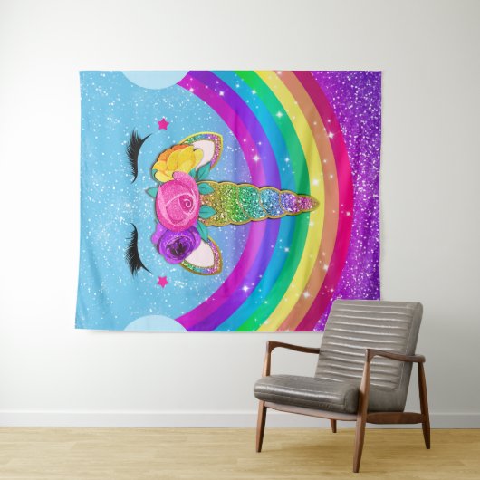 Rainbow Sparkle Glittery Unicorn Horn Face Girls Wandteppich (Beispiel (Horizontal))