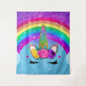 Rainbow Sparkle Glittery Unicorn Horn Face Girls Wandteppich (Vorderseite)