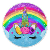 Rainbow Sparkle Glittery Unicorn Horn Face Keramikknauf (Vorderseite)