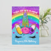 Rainbow Sparkle Glittery Unicorn Horn Face Party Einladung (Stehend Vorderseite)