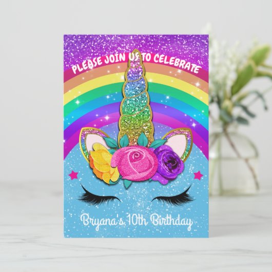 Rainbow Sparkle Glittery Unicorn Horn Face Party Einladung (Stehend Vorderseite)