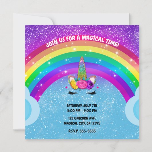 Rainbow Sparkle Glittery Unicorn Horn Face Party Einladung (Rückseite)