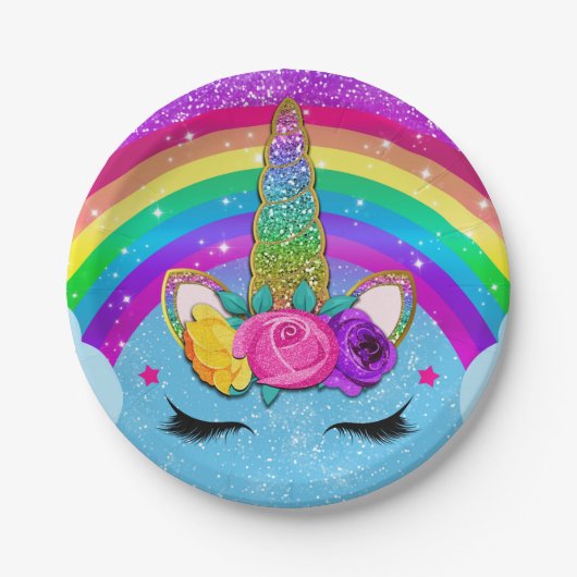 Rainbow Sparkle Glittery Unicorn Horn Face Party Pappteller (Vorderseite)