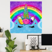 Rainbow Sparkle Glittery Unicorn Horn Face Party Poster (Heimbüro)