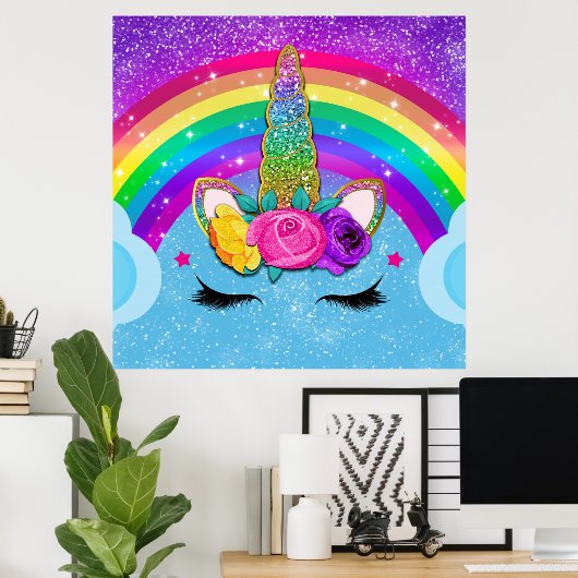 Rainbow Sparkle Glittery Unicorn Horn Face Party Poster (Heimbüro)