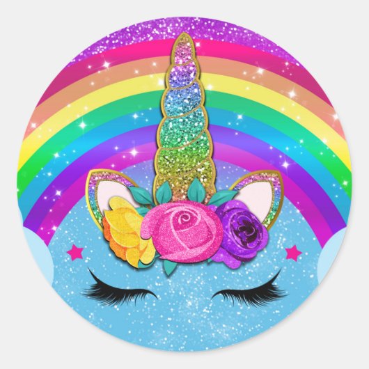 Rainbow Sparkle Glittery Unicorn Horn Face Party Runder Aufkleber (Vorderseite)