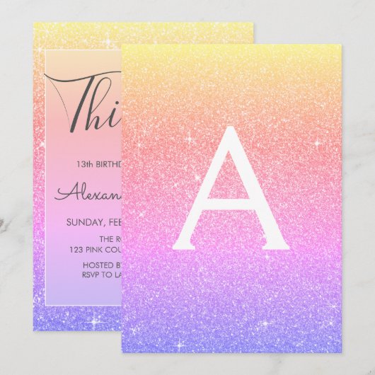 Rainbow Sparkle Glitzer 13. Dreizehn Geburtstag Einladung (Vorne/Hinten)