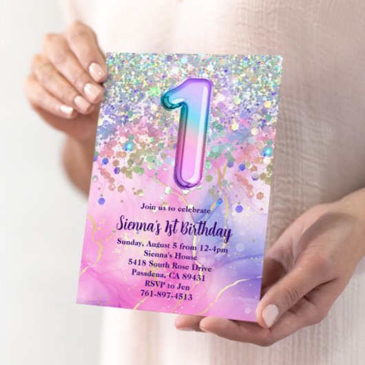 Rainbow Sparkle Glitzer 1. Geburtstag Party Einladung