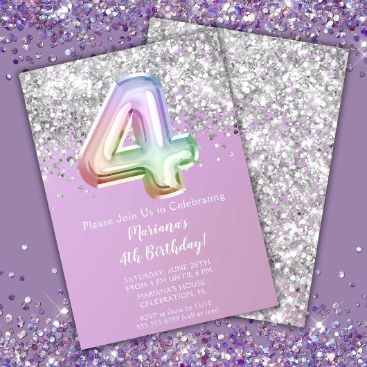 Rainbow Sparkle Glitzer Girl 4. Geburtstag Party Einladung