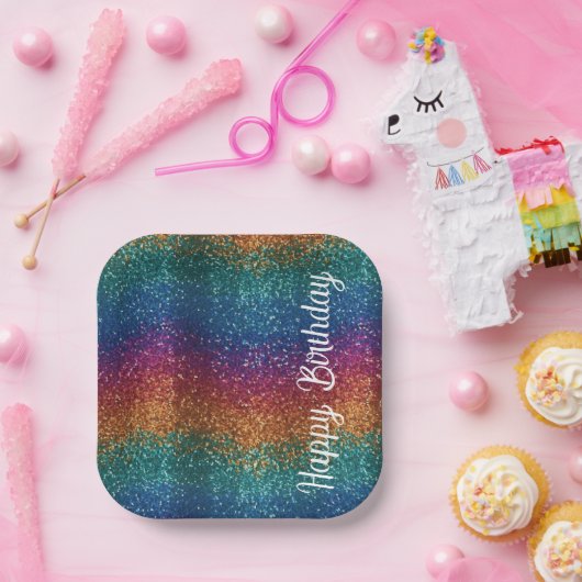 Rainbow Sparkle Metallic Elegant Happy Birthday Pappteller (Party)