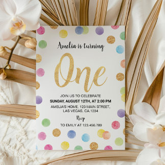 Rainbow Spot 1. Geburtstag Einladung Polka Dots