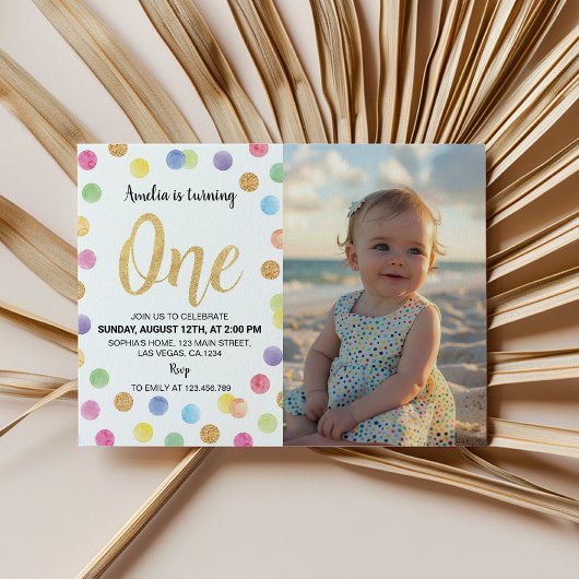 Rainbow Spot Pastel 1. Geburtstag Foto Einladung