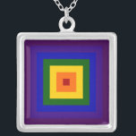 Rainbow Square Versilberte Kette<br><div class="desc">Zeigen Sie Ihre Liebe mit einem geometrischen Regenbogen. Eine Reihe roter,  orangefarbener,  gelber,  grüner,  blauer,  indigofarbener und violetter Quadrate strahlen aus dem Mittelpunkt dieses festlichen Designs aus. Digitales 5400 x 5400 Pixel Bild. Copyright ©2011 Claire E. Skinner,  Alle Rechte vorbehalten.</div>