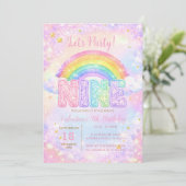 Rainbow Star Pink Purple 9th Birthday Party Einladung (Stehend Vorderseite)