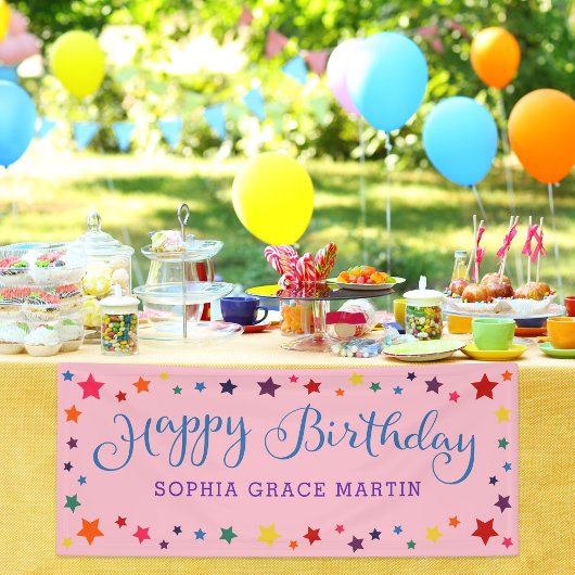 Rainbow Stars auf Pink Happy Birthday Kids Banner