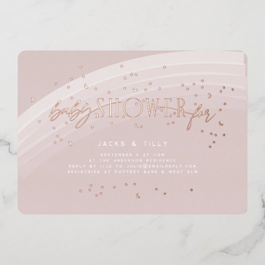 Rainbow Stars Moderne Babydusche Rosa Rose Gold Folieneinladung (Vorderseite)