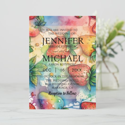 Rainbow Strawberries Wedding Einladungen (Stehend Vorderseite)