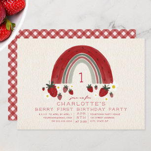 Rainbow Strawberry Gingham Berry 1. Geburtstag Einladung