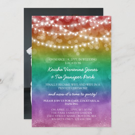 Rainbow & String Lights Post Elopement Celebration Ankündigung (Vorne/Hinten)