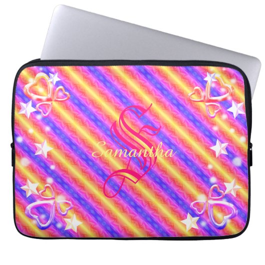 Rainbow Stripe Monogram Name Sparkle Hearts Girly Laptopschutzhülle (Vorderseite)