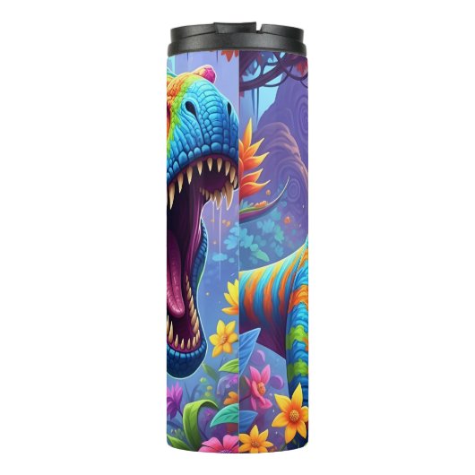 Rainbow Striped T-Rex Roaring Jungle Thermosbecher (Rückseite)