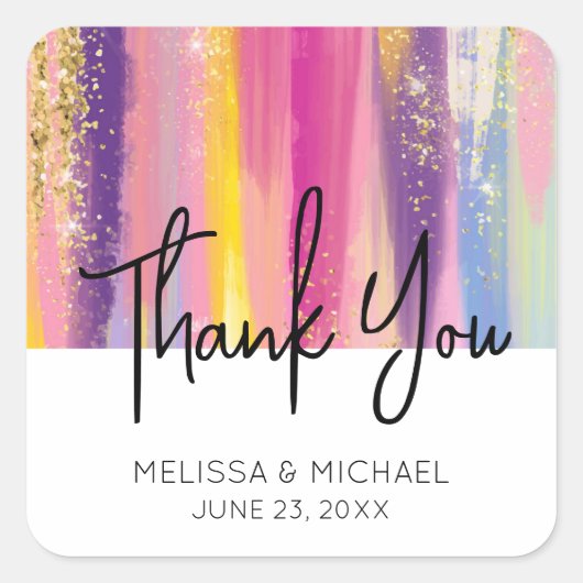 Rainbow Stripes mit Imitate Gold Glitzer Hochzeit Quadratischer Aufkleber (Vorderseite)