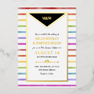 Rainbow Stripes Monogramm 2 in 1 Hochzeit Folieneinladung