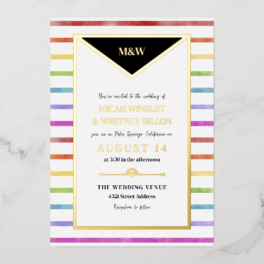 Rainbow Stripes Monogramm 2 in 1 Hochzeit Folieneinladung (Vorderseite)