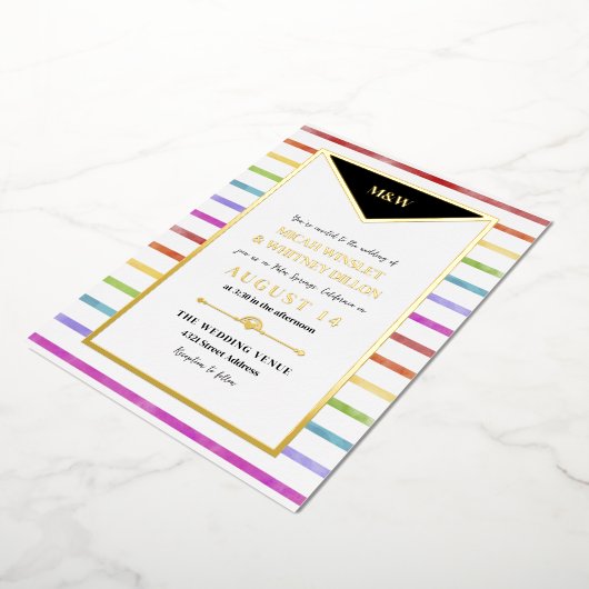 Rainbow Stripes Monogramm 2 in 1 Hochzeit Folieneinladung (Gedreht)