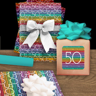 Rainbow Stripes Typografie 50. Geburtstag Geschenkpapier Set