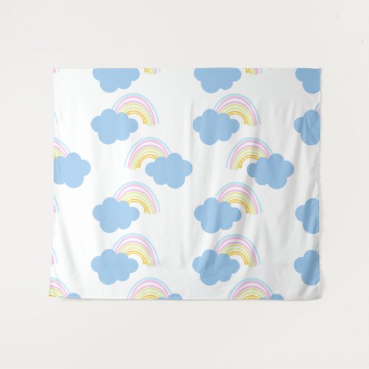 Rainbow Summer Clouds Pastel Scribble Doodle Wandteppich (Vorderseite (Horizontal))