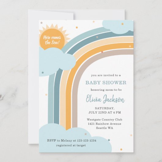 Rainbow, Sun and Clouds Baby shower invitation Einladung (Vorderseite)