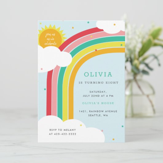 Rainbow, Sun and Clouds Kindergeburt Einladung (Stehend Vorderseite)