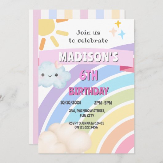 Rainbow Sun Cloud Kids Girl Niedlich Kawaii Geburt Einladung (Vorne/Hinten)