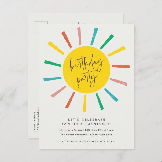 Rainbow Sun Script Kindergeburtstag Party Einladungspostkarte (Vorne/Hinten)