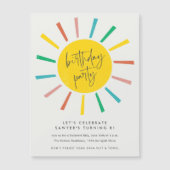 Rainbow Sun Script Kindergeburtstag Party Magneteinladung (Vorderseite)