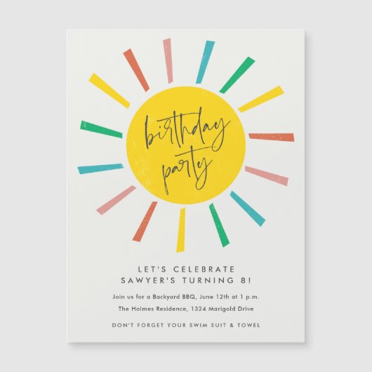 Rainbow Sun Script Kindergeburtstag Party Magneteinladung (Vorderseite)